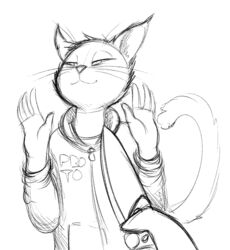  2018 anthro domestic_cat felid feline felis knife knife_cat male mammal meme monochrome mouse_the_cat parody replica_(artist) smug smug_cat solo 