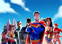  2girls 5boys alien amazon bat_(symbol) batman batman_(series) black_hair blue_eyes bodysuit bruce_wayne cape clark_kent crossed_arms dark_skin dc_comics dcau green_lantern green_lantern_(series) hawkgirl helmet jewelry john_stewart justice_league kryptonian leotard lightning_bolt martian_manhunter mask multiple_boys multiple_girls ring s_shield sleeveless superman superman_(series) the_flash wally_west wings wonder_woman wonder_woman_(series) 