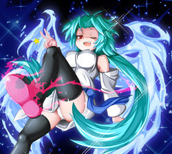  bare_shoulders breasts duel_monster effect_veiler fangs female female green_hair one_eye_closed open_mouth panties red_eyes sash smile solo spirit-edge star upskirt v white_panties wings yu-gi-oh! yuu-gi-ou_duel_monsters 