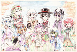  6+others absurdres androgynous bare_shoulders barefoot black_hair blonde_hair bow brilliant_pagoda_or_haze_castle brown_coat coat commentary_request detached_sleeves eggplant enraku_tsubakura frilled_hat frills fujiwara_no_iyozane goggles green_eyes green_hair grey_eyes grey_hair hair_ornament hairband hakama hakama_short_skirt hakama_skirt hat headband highres hood hooded_jacket hoodie houlen_yabusame jacket jacket_on_shoulders japanese_clothes large_hat len&#039;en long_hair multiple_others necktie open_mouth other_focus photoshop_(medium) pink_hair purple_eyes red_eyes red_hair red_ribbon ribbon shion_(len&#039;en) shitodo_aoji shitodo_hooaka shitodo_kuroji short_hair short_hair_with_long_locks short_sleeves shorts shouryouuma siblings side_ponytail skirt smile star_(symbol) taira_no_fumikado top_hat triangular_headpiece umatachi_tsugumi very_long_hair vest white_hair wings yuejiao_tuan 