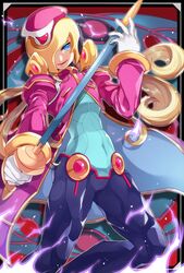  1boy androgynous blonde_hair blue_eyes border capcom coat commentary_request elpizo_(mega_man) framed gloves headgear helmet holding holding_weapon long_coat long_hair male_focus mega_man_(series) mega_man_zero_(series) mega_man_zero_2 rapier sakuraba_(cerisier_x) smile solo sword weapon white_gloves 