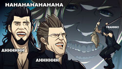  4boys commentary_request final_fantasy final_fantasy_xv fishing gladiolus_amicitia glasses highres ignis_scientia laughing laughing_tom_cruise_(meme) male_focus meme multiple_boys noctis_lucis_caelum parody pen_(steelleets) photoshop_(medium) prompto_argentum tom_cruise what 