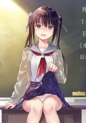  :o absurdres arm_at_side blue_eyes brown_hair chalkboard classroom clothes_lift collarbone feet_out_of_frame female grey_sailor_collar hair_ribbon hanekoto highres imouto_(hanekoto) indoors jacket lifting_own_clothes long_hair long_sleeves looking_at_viewer neckerchief open_clothes open_jacket open_mouth original panties print_panties purple_ribbon purple_skirt raised_eyebrows red_neckerchief ribbon sailor_collar scan school_uniform serafuku shirt sidelocks sitting skirt skirt_lift sleeves_past_wrists solo sunlight thighs twintails unbuttoned underwear white_panties white_shirt 