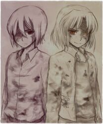  2boys bad_id bad_pixiv_id before_and_after crossdressing dual_persona hair_over_one_eye jacket kara_no_kyoukai multiple_boys red_eyes shirazumi_lio shirazumi_lio_(young) shirotsume_kusa_(sayern) short_hair 