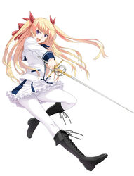  blonde_hair boots christiane_friedrich commentary_request female inue_shinsuke kawakami_academy_school_uniform long_hair maji_de_watashi_ni_koi_shinasai! pantyhose photoshop_(medium) purple_eyes rapier school_uniform skirt solo sword twintails two_side_up weapon white_pantyhose 