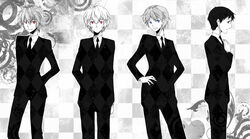  4boys ayanami_rei blue_eyes commentary_request formal genderswap_(ftm) greyscale ikari_shinji lifegoeson male_focus monochrome multiple_boys nagisa_kaworu neon_genesis_evangelion photoshop_(medium) red_eyes rule_63 souryuu_asuka_langley spot_color 