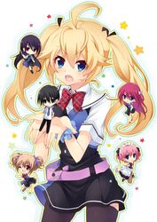  1boy 5girls ahoge black_eyes black_hair black_ribbon black_thighhighs blonde_hair blue_bow blue_eyes bow brown_hair character_doll commentary_request doll grisaia_(series) grisaia_no_kajitsu hair_ribbon hairbow holding holding_weapon irisu_makina kazami_yuuji komine_sachi long_hair maid maid_headdress matsushima_michiru multiple_girls oerba_yun_fang open_mouth pink_hair purple_hair rento_(rukeai) ribbon sakaki_yumiko short_hair short_twintails star_(symbol) suou_amane thighhighs twintails weapon white_bow 