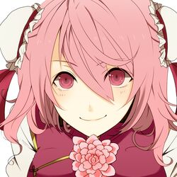  bad_id bad_pixiv_id bun_cover close-up closed_mouth double_bun female flower hair_bun ibaraki_kasen pink_eyes pink_hair portrait short_hair smile solo touhou waiko 