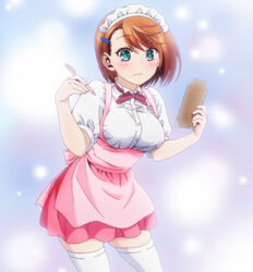  anime_screenshot apron asymmetrical_bangs blush brown_hair female green_eyes headdress highres miniskirt miyazaki_chisaki pink_skirt short_hair skirt solo stitched swept_bangs thighhighs third-party_edit underbust waitress yuragisou_no_yuuna-san zettai_ryouiki 