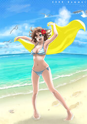  ;d armpits arms_up bad_id bad_pixiv_id barefoot beach bikini bird brown_hair burunuu_(bullnukko) day feet female footprints green_eyes happy legs navel ocean one_eye_closed open_mouth original outdoors seagull short_hair side-tie_bikini_bottom smile solo striped_bikini striped_clothes swimsuit towel 