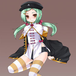  bad_id bad_pixiv_id black_shorts chinkyuu denim denim_shorts female green_hair hair_bobbles hair_ornament hat koihime_musou ktsecond oerba_yun_fang shorts solo striped_clothes striped_thighhighs thighhighs twintails yellow_eyes 