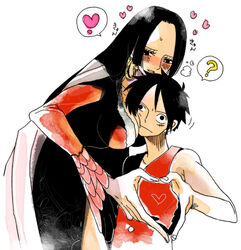  1boy ? akira-riku black_hair blush boa_hancock breast_press breasts commentary_request earrings female heart heart_hands heart_hands_duo height_difference jewelry large_breasts long_fingers long_hair monkey_d._luffy one_piece scar short_hair spoken_heart 