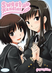  2girls :d amagami black_eyes black_hair black_jacket blazer blush brown_eyes brown_hair buttons collared_shirt commentary_request cover cover_page doujin_cover flat_chest hairband heart highres holding_hands interlocked_fingers jacket kibito_high_school_uniform leash long_hair long_sleeves looking_at_viewer looking_back morishima_haruka multiple_girls necktie okara open_mouth outdoors parted_bangs profile school_uniform serafuku shirt short_hair sky smile snowflakes sweater tachibana_miya upper_body yuri 