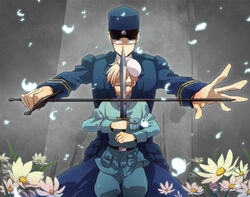  2boys axis_powers_hetalia bad_id bad_pixiv_id beret blonde_hair finland_(hetalia) flower glasses hat male_focus military military_uniform multiple_boys runko shako_cap sweden_(hetalia) sword uniform weapon 