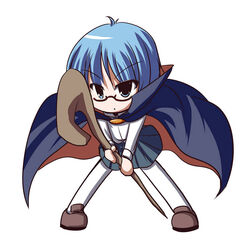  blue_eyes blue_hair cape chibi commentary_request female fictional_sister glasses pantyhose short_hair solo staff tabitha_(zero_no_tsukaima) zero_no_tsukaima 