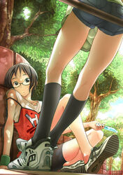  2girls :o bare_shoulders black_legwear commentary_request food glasses kneehighs kneepits legs multiple_girls nazo_kichi no_socks original photoshop_(medium) popsicle shoes short_hair shorts sneakers socks strap_slip sweat tree 