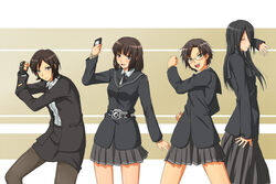  4girls amagami belt commentary_request cure_black_pose cure_white_pose fingerless_gloves futari_wa_precure gloves grey_skirt hiba_manaka kamen_rider kamen_rider_black_(series) kamen_rider_den-o_(series) kibito_high_school_uniform long_sleeves magical_girl multiple_girls pantyhose parody pencil_skirt precure school_uniform skirt standing takahashi_maya tanaka_keiko_(amagami) toki_(tokihakashi) yuzuki_ruriko 