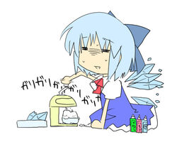  bad_id bad_pixiv_id blue_hair circled_9 cirno female food ice_shaver kazetto lowres ribbon shaved_ice solo touhou wings 