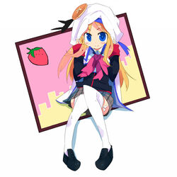  ana_coppola blonde_hair blue_eyes bow commentary_request cosplay female food fruit hat ichigo_mashimaro kanikama little_busters! long_hair noumi_kudryavka noumi_kudryavka_(cosplay) pink_bow solo strawberry thighhighs 