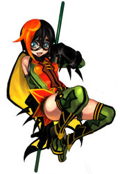  :d animification batman_(series) blue_eyes boots cape carrie_kelley commentary dc_comics female mask nozoki_davis open_mouth photoshop_(medium) polearm robin_(dc) smile solo spandex thighhighs weapon 