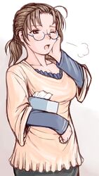  aged_up brown_eyes brown_hair casual female glasses one_eye_closed rozen_maiden sakurada_nori solo tissue tissue_box tsuda_nanafushi 