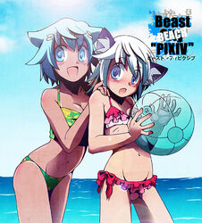  2girls animal_ears ball beachball blue_eyes blue_hair calvet cat_ears commentary_request copyright_request multiple_girls short_hair white_hair 