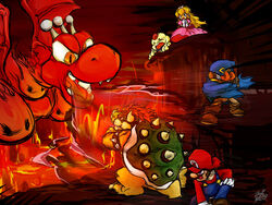  1boy bad_id bad_pixiv_id battle bowser breath_weapon breathing_fire czar_dragon doll dragon facial_hair female fire geno_(mario) hat lava mallow_(mario) mario mario_(series) moustache piu princess_peach sketch super_mario_rpg 