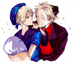  2boys axis_powers_hetalia beret blonde_hair blue_eyes closed_eyes denmark_(hetalia) donald_duck_sailor_hat garrison_cap hat male_focus multiple_boys norway_(hetalia) photoshop_(medium) pout sailor sailor_hat smile stuffed_animal stuffed_toy suou_(sdurorhr) 