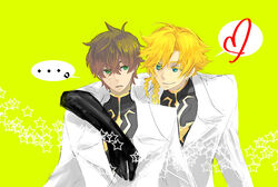  2boys bad_id bad_pixiv_id blonde_hair brown_hair code_geass gino_weinberg gloves green_eyes knights_of_the_round_uniform kururugi_suzaku male_focus multiple_boys subaru_(hz) 