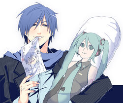  1boy aqua_eyes aqua_hair blue_eyes blue_hair blue_scarf child&#039;s_drawing commentary_request dakimakura_(object) detached_sleeves drawing formal hatsune_miku headphones headset hugging_object kaito_(vocaloid) long_hair looking_at_viewer male_focus mouth_hold nail_polish necktie pillow pillow_hug scarf simple_background smile solo suit tomo_(damejin) twintails vocaloid white_background 