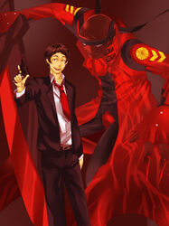  1boy adachi_tooru bad_id bad_pixiv_id brown_hair gun magatsu_izanagi male_focus marumaruta necktie persona persona_4 smile spoilers weapon 