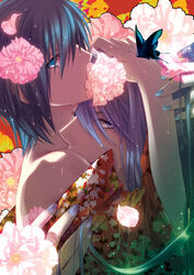  2boys aqua_hair bad_id bad_pixiv_id blue_eyes blue_hair bug butterfly flower highres hug japanese_clothes kaito_(vocaloid) kamui_gakupo kimono long_hair male_focus migiwa_hasu multiple_boys nail_polish petals photoshop_(medium) sweat twintails vocaloid yaoi yukata 