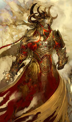  1boy armor balthazar_(guild_wars) concept_art fantasy guild_wars_(series) guild_wars_1 helmet kekai_kotaki male_focus mask solo sword weapon 