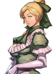  ascot blonde_hair breasts brooch cleavage closed_mouth dragon_quest dragon_quest_ix dress earrings elbow_gloves female frilled_dress frills from_side fumio_(rsqkr) gloves green_dress green_ribbons grey_eyes hair_bun hair_ribbon jewelry large_breasts light_smile lips looking_at_viewer parted_bangs puffy_short_sleeves puffy_sleeves ribbon roxanne_(dq9) sash short_hair short_sleeves simple_background single_hair_bun sketch smile solo stud_earrings swept_bangs upper_body white_background white_gloves 