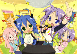  4girls absurdres ahoge blue_eyes blue_hair glasses green_eyes highres hiiragi_kagami hiiragi_tsukasa izumi_konata karaoke long_hair lucky_star mole mole_under_eye multiple_girls official_art pink_hair purple_hair scan short_hair takara_miyuki yamada_naoko 