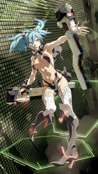  baariya blue_hair boots commentary_request criss-cross_halter dual_wielding female gun hair_bobbles hair_ornament halterneck high_heels holding muscular original shoes slingshot_swimsuit solo swimsuit thighhighs twintails weapon yellow_eyes 