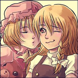  2girls blonde_hair braid closed_eyes flandre_scarlet hat imminent_kiss kirisame_marisa kissing lowres multiple_girls one_eye_closed ribbon short_hair touhou waya 