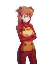  blue_eyes bodysuit commentary_request evangelion:_2.0_you_can_(not)_advance female frown hair_ornament hairclip highres kurio long_hair multicolored_bodysuit multicolored_clothes navel neon_genesis_evangelion orange_bodysuit plugsuit rebuild_of_evangelion red_bodysuit skin_tight solo souryuu_asuka_langley test_plugsuit 