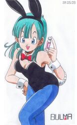  1990s_(style) :d animal_ears aqua_hair armpits bare_shoulders black_leotard blue_eyes blue_pantyhose blunt_bangs bow bowtie breasts bulma_briefs character_name cleavage dated detached_collar dragon_ball dragon_ball_(classic) fake_animal_ears fake_tail female from_side hairband hand_on_own_hip hand_up happy hoi-poi_capsule holding leaning_forward leotard lipstick long_hair looking_at_viewer makeup medium_breasts non-web_source open_mouth pantyhose parted_bangs playboy_bunny rabbit_ears rabbit_tail red_bow red_bowtie retro_artstyle simple_background smile solo standing straight_hair strapless strapless_leotard tail traditional_media white_background worson wrist_cuffs 