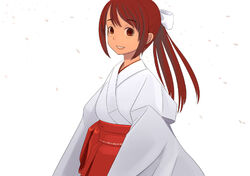  bow copyright_request female hairbow hakama hakama_skirt japanese_clothes kiriman_(souldeep) long_hair long_sleeves looking_at_viewer miko petals ponytail red_eyes red_hair red_hakama simple_background skirt smile solo white_background white_bow wide_sleeves 