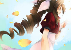  aerith_gainsborough bad_id bad_pixiv_id bow bracelet brown_eyes brown_hair cropped_jacket dress drill_hair female final_fantasy final_fantasy_vii hairbow hidaka_ryou jewelry leaf long_hair petals pink_bow pink_dress ponytail side_drill smile solo very_long_hair 