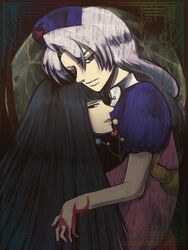  2girls black_hair blood grey_hair hat houraisan_kaguya hug multiple_girls touhou waya yagokoro_eirin 