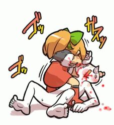  1boy 2channel 8toushin bad_id bad_pixiv_id blonde_hair blood commentary_request face_punch female hair_ribbon in_the_face light_brown_hair long_hair mega_man_(classic) mega_man_(series) nozo ponytail punching red_skirt ribbon roll_(mega_man) skirt tears 