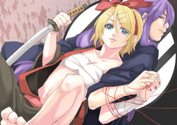  1boy age_difference barefoot blonde_hair blue_eyes commentary_request female hair_ornament hair_ribbon hairclip holding_hands interlocked_fingers iroha_uta_(vocaloid) kagamine_rin kamui_gakupo katana long_hair midriff nail_polish navel ponytail purple_hair purple_nails ribbon sarashi short_hair string string_of_fate sword toes tomo_(damejin) vocaloid weapon yellow_nails 