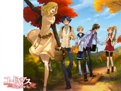  2girls 3boys absurdres autumn backpack bag bike_shorts blonde_hair blue_eyes blue_hair blush brown_hair casual code_geass dress handbag highres kimura_takahiro legs lelouch_vi_britannia logo long_hair long_legs milly_ashford multiple_boys multiple_girls official_art ookouchi_ricca ponytail rivalz_cardemonde rolo_lamperouge school_bag shirley_fenette short_hair shorts 