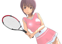  black_hair copyright_request dress female kiriman_(souldeep) pink_skirt racket skirt solo tennis_racket 