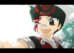  1boy bandaid black_hair bleeding blood brendan_(pokemon) commentary_request eioai happy hat headband image_sample injury letterboxed male_focus md5_mismatch one_eye_closed open_mouth pixiv_sample pokemon pokemon_adventures red_eyes resolution_mismatch smile solo source_larger 