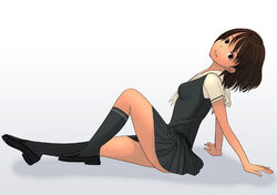  black_dress black_hair copyright_request dress female kiriman_(souldeep) kneehighs school_uniform serafuku simple_background socks solo 