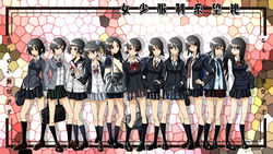  6+girls bandage_over_one_eye bandages black_hair cellphone commentary_request everyone eyepatch fujiyoshi_harumi fuura_kafuka glasses highres hitou_nami kaga_ai kitsu_chiri kobushi_abiru komori_kiri looking_back maruuchi_shouko multiple_girls necktie nezu_miko otonashi_meru phone sakebuotoko sayonara_zetsubou_sensei school_uniform tsunetsuki_matoi 