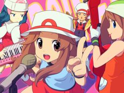  4girls alternate_costume band bandana beanie commentary_request cymbals dawn_(pokemon) electric_guitar guitar hat hat_ribbon instrument keytar leaf_(pokemon) lyra_(pokemon) may_(pokemon) microphone microphone_stand multiple_girls music playing_instrument pokemon pokemon_dppt pokemon_emerald pokemon_frlg pokemon_hgss pokemon_platinum pokemon_rse porkpie_hat red_ribbon ribbon v winter_clothes yagitori 